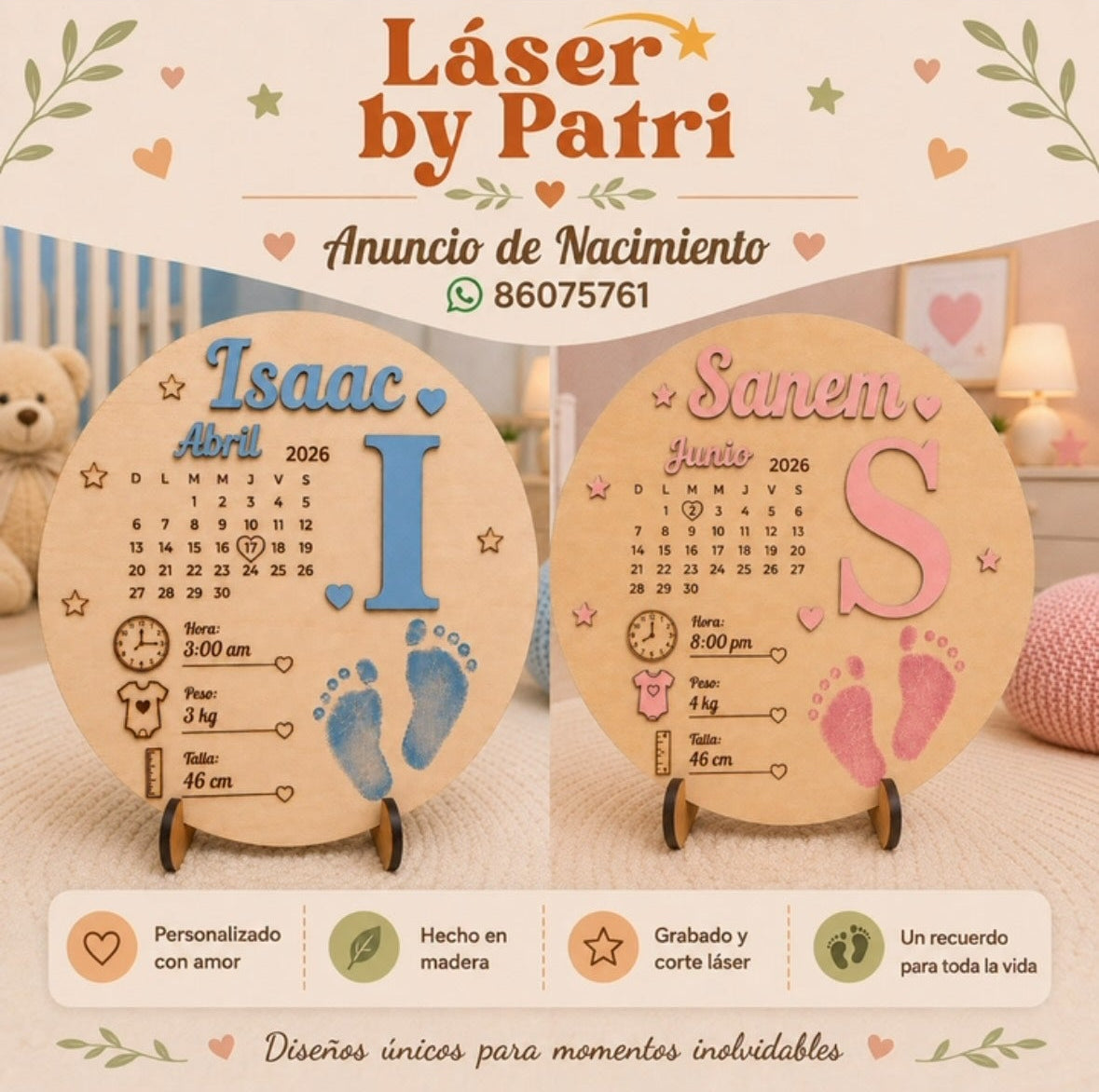 Recuerdo de nacimiento en madera